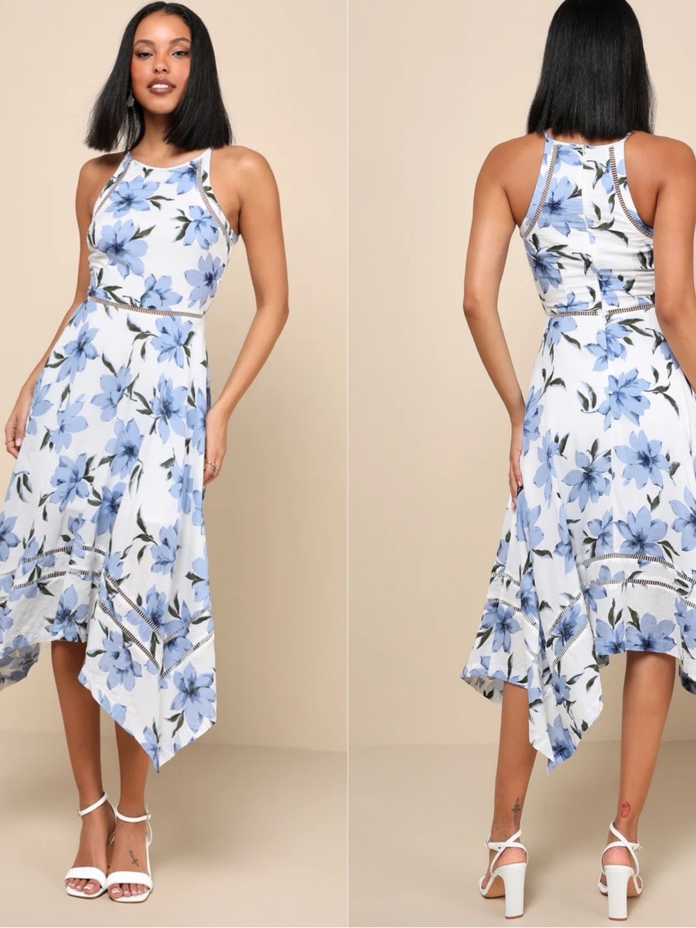 Lulu's Zahara White Midi Dress with Blue Floral Print